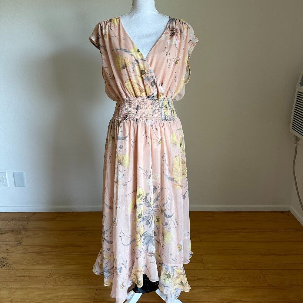 H&M Blush Peach Floral Wrap-Style Midi Dress